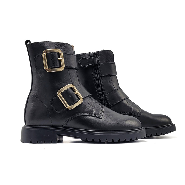 Acebos Black Gold Buckle Combat Bootie 80014