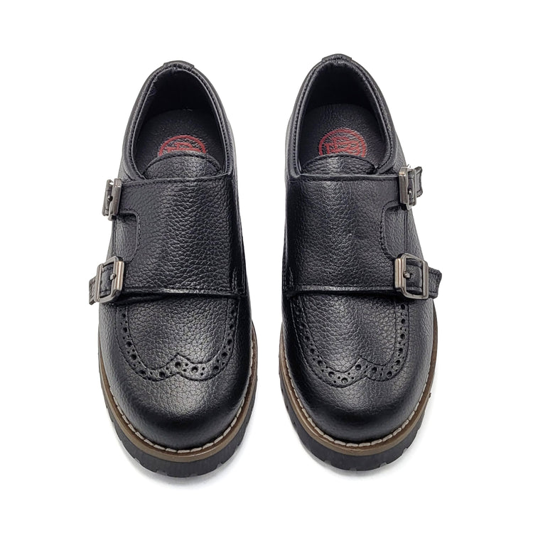 Blublonc Harper Black Grain Double Monk Velcro School Shoe