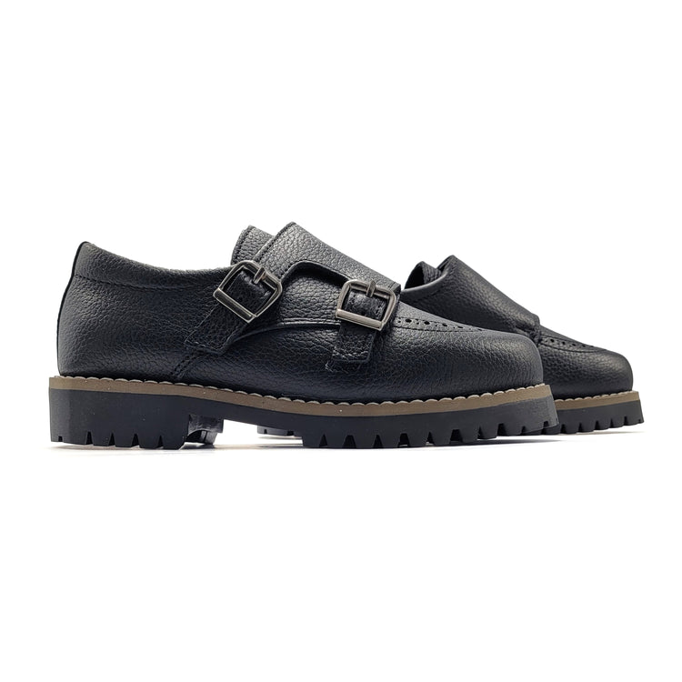 Blublonc Harper Black Grain Double Monk Velcro School Shoe