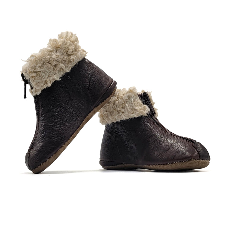 Pepe Chocolate Brown Curly Fur Trimmed Front Zipper Bootie 225