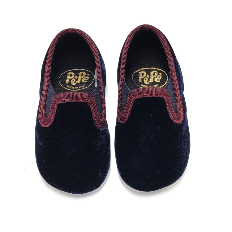 Pepe' Navy Velvet Burgundy Trimmed Smoking Slip On 280