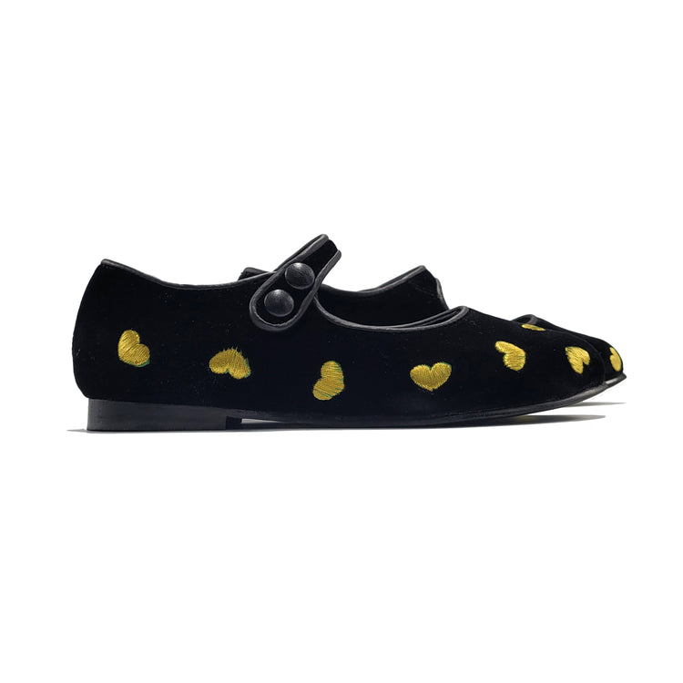 Geppettos Black Velvet Gold Heart Mary Jane GP0576