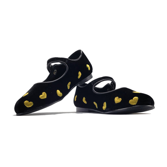 Geppettos Black Velvet Gold Heart Mary Jane GP0576