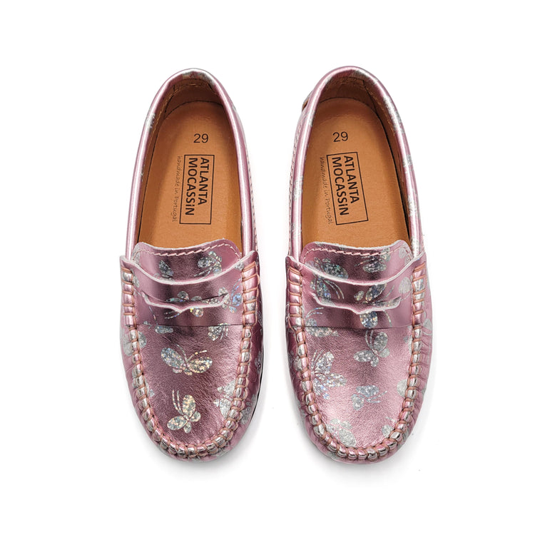 Atlanta Mocassin Pink Metal Butterfly Penny Loafer 032