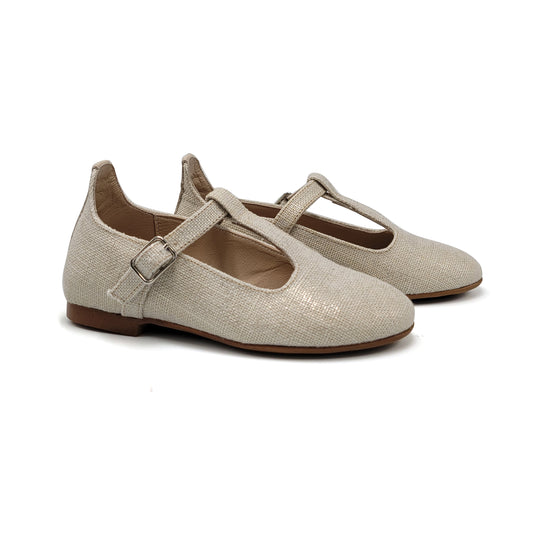 Blublonc Carmen Gold Linen T-Strap Mary Jane