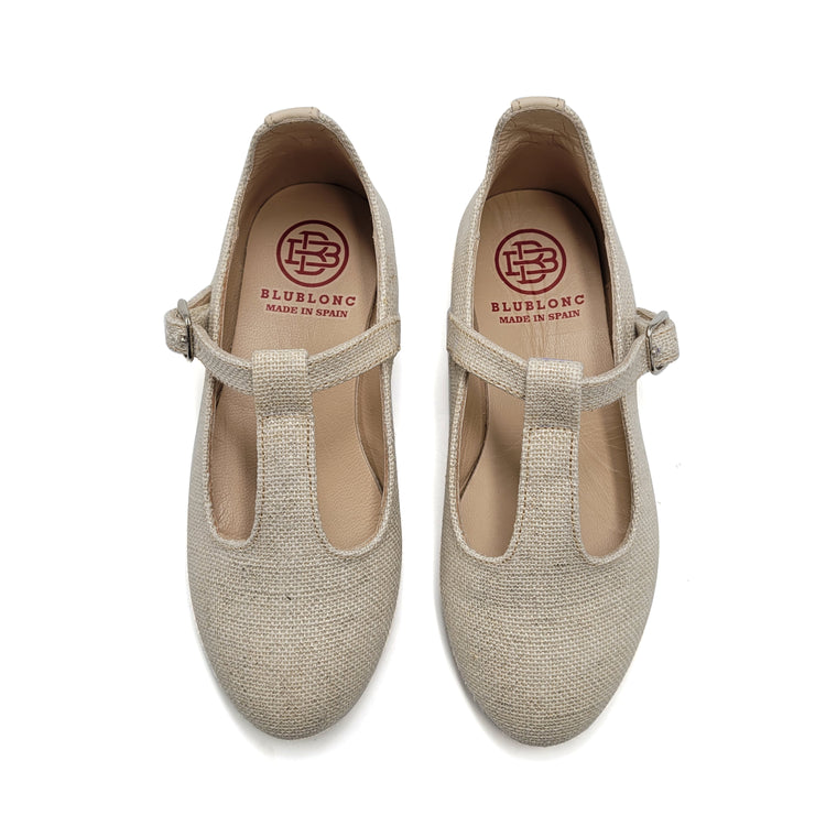 Blublonc Carmen Gold Linen T-Strap Mary Jane