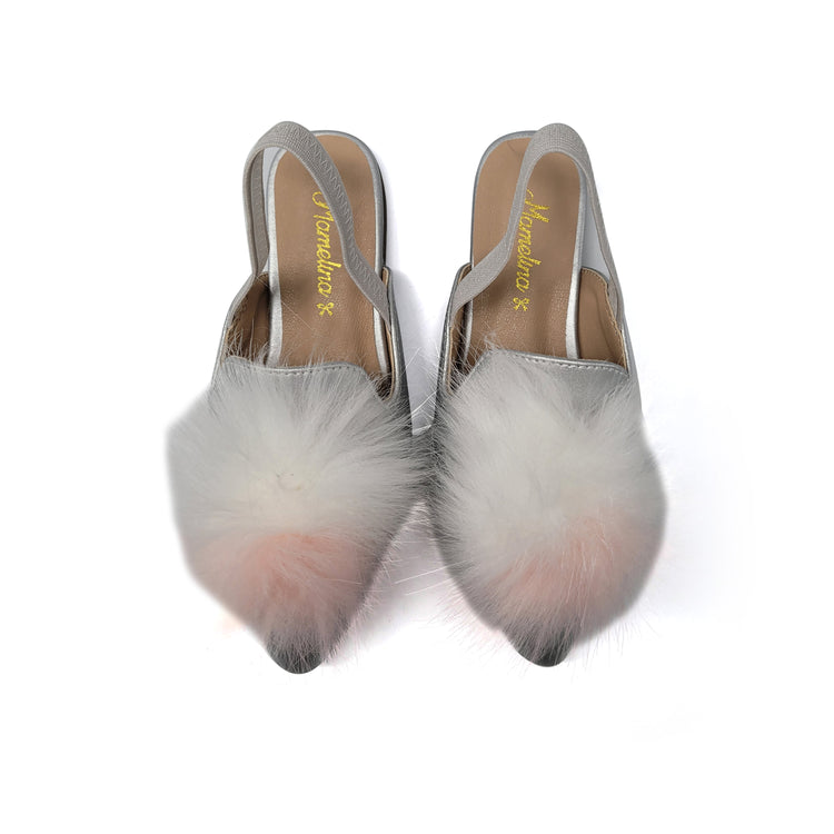 Mamelina Silver Metallic Pom Pom Slingback 3636