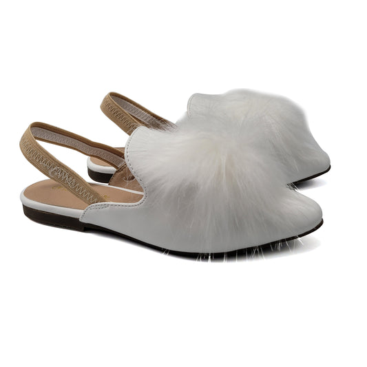 Mamelina White Leather Pom Pom Slingback 3636