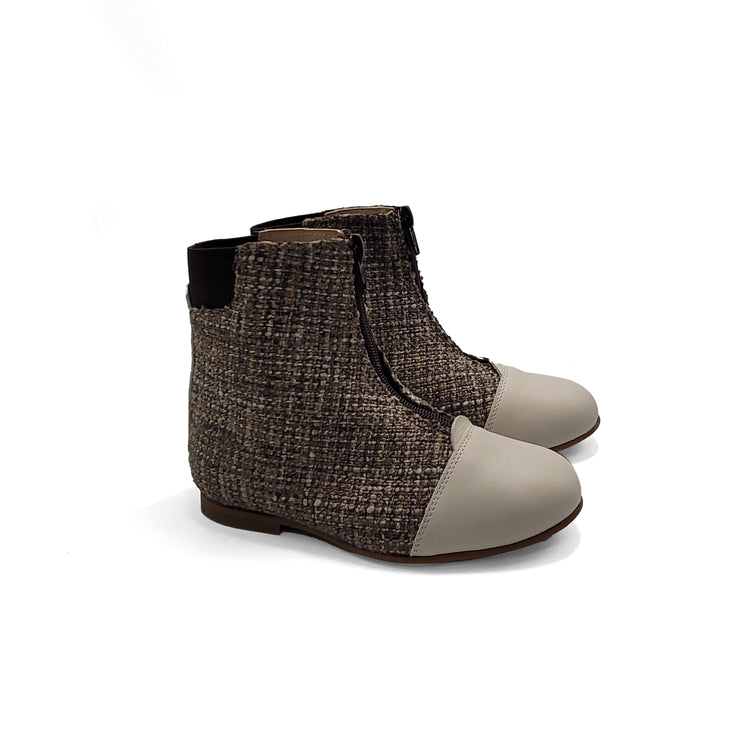 LMDI Oyster Tweed Brown Ivory Front Zipper Bootie