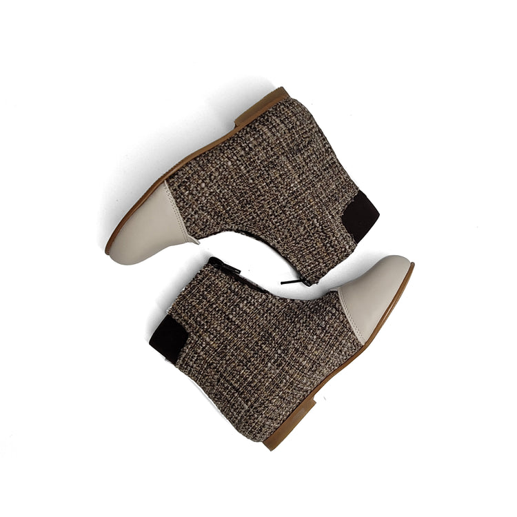 LMDI Oyster Tweed Brown Ivory Front Zipper Bootie