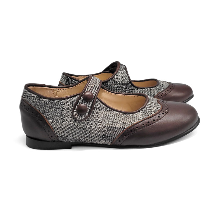 LMDI Doll Brown Leather Black & White Tweed Wingtip Mary Jane