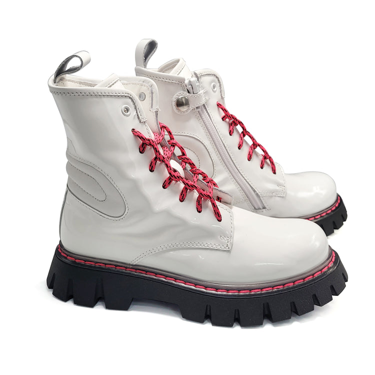 Rondinella White Leather Pink Stitching Combat Boot-12213-