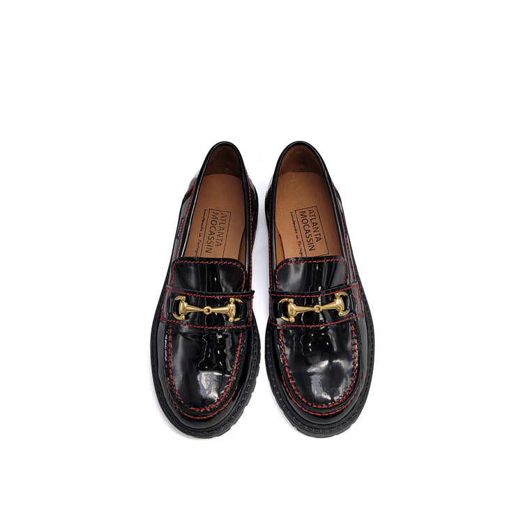 ATLANTA MOCASSIN Black Patent Red Stich Chunky Chain Loafer-17K