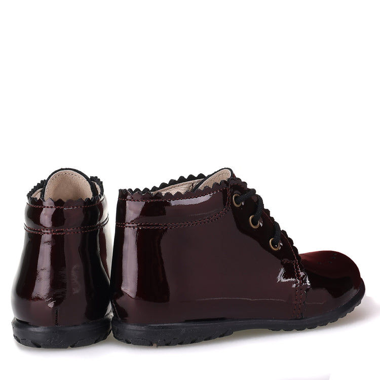 Emel Scalloped Burgundy Patent Baby Booties E1152