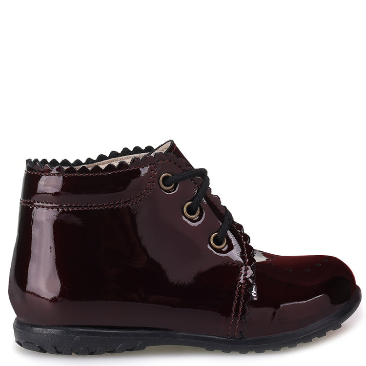 Emel Scalloped Burgundy Patent Baby Booties E1152