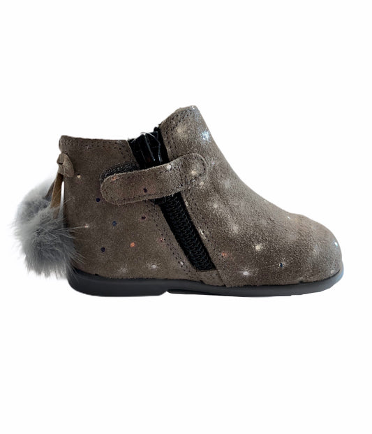 Confetti Grey Suede Silver Side Zip Bootie 730