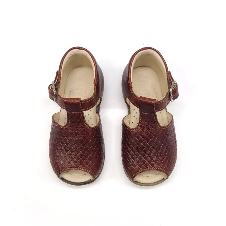 Emel Cognac Woven Peep Toe Buckle Sandal E - FIRST WALKER