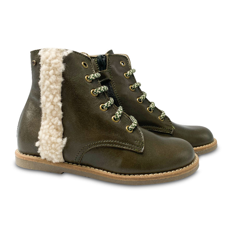 manuela-de-juan-army-green-leather-shearling-lace-side-zipper-bootie