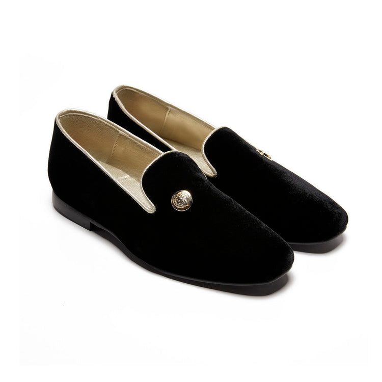 Finding Alex Thina Black Velvet Gold Detail Slip On Dress Shoe