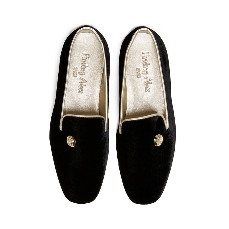 Finding Alex Thina Black Velvet Gold Detail Slip On Dress Shoe