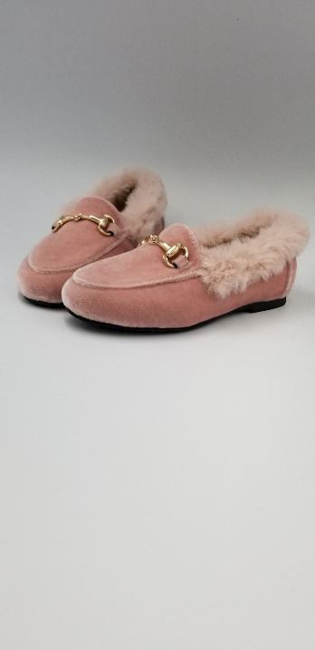 Gufanpei Pink Velvet Fur Trimmed Chain Slip On 186813