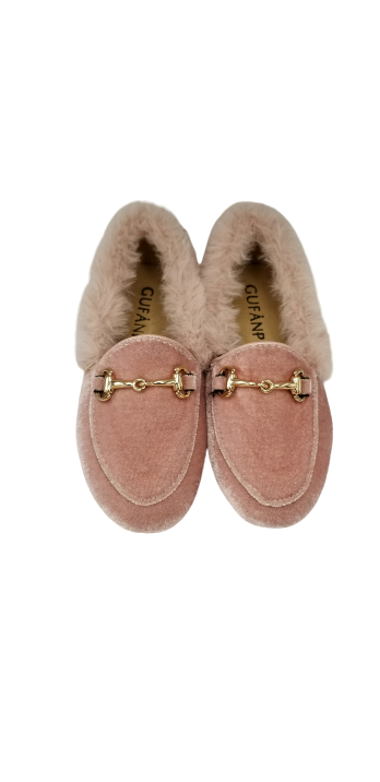 Gufanpei Pink Velvet Fur Trimmed Chain Slip On 186813