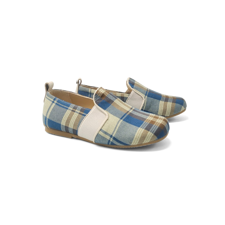 Manuela De Juan Ivory Blue Brown Plaid Smoking Slip On S2977