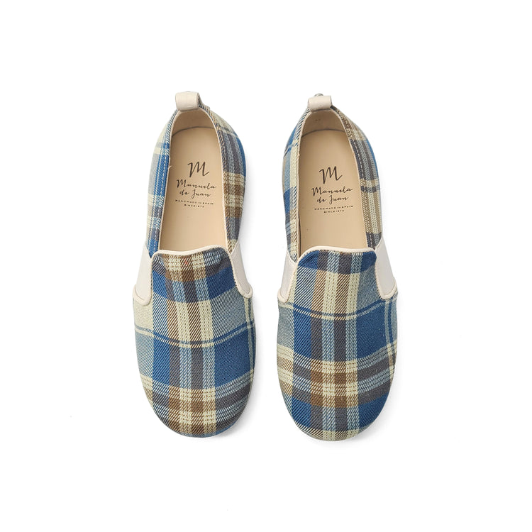 Manuela De Juan Ivory Blue Brown Plaid Smoking Slip On S2977