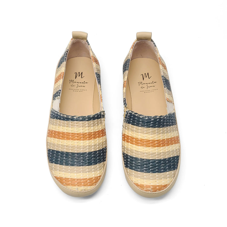 Manuela De Juan Blue Taupe Cream Woven Striped Slip On S3029