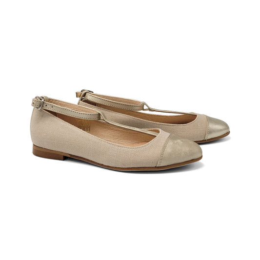 Sonatina Loretta Gold Beige Linen T-strap Dress Shoe