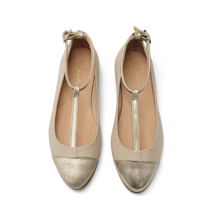 Sonatina Loretta Gold Beige Linen T-strap Dress Shoe