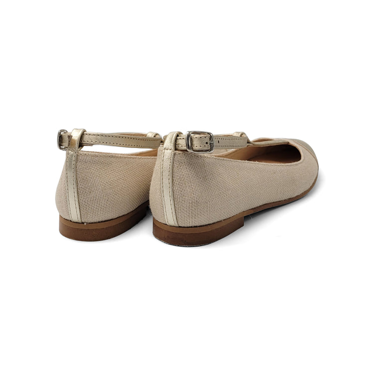 Sonatina Loretta Gold Beige Linen T-strap Dress Shoe