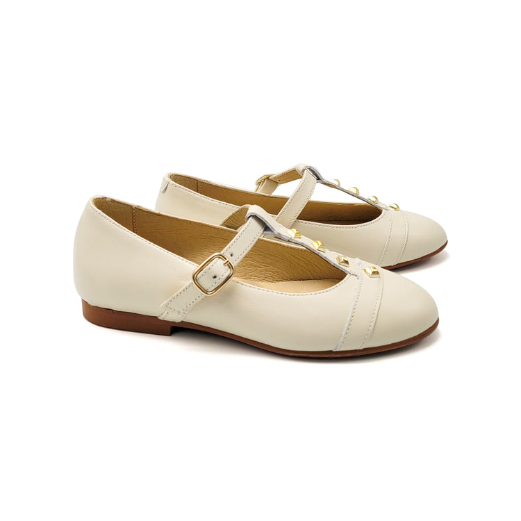 Blublonc Reeva Cream Gold Stud T-Strap Mary Jane