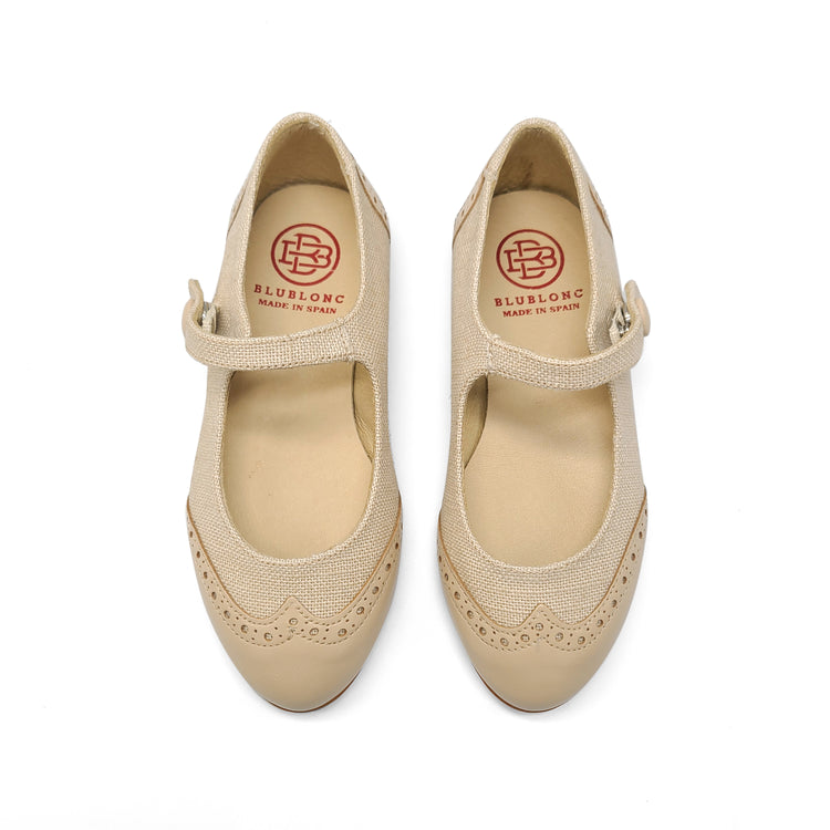 Blublonc Celia Sand Linen Wingtip Mary Jane