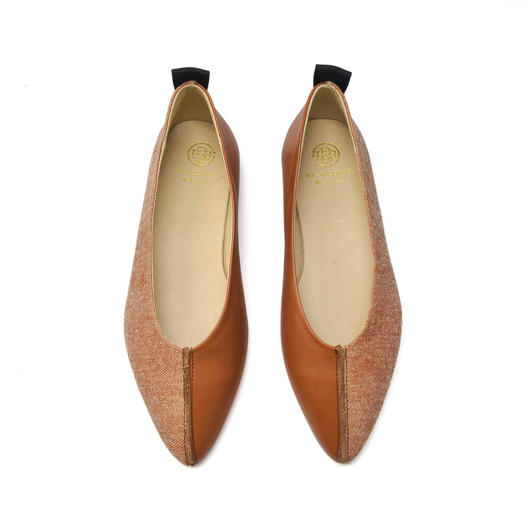 Blublonc Manda Cognac Linen Two Toned Pointed Ballet Flat