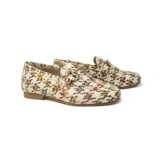 Brunellis Ivory Colored Houndstooth Basketweave Slip On Chain Loafer