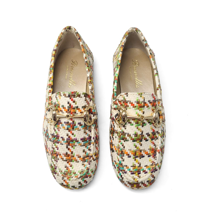 Brunellis Ivory Colored Houndstooth Basketweave Slip On Chain Loafer