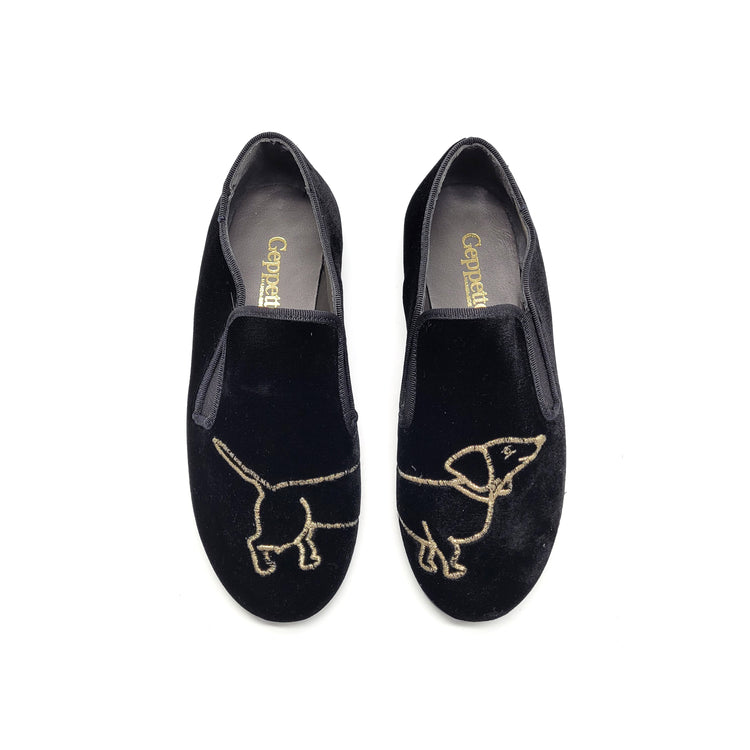 Geppettos Black Velvet Dog Embroidered Smoking Slip on 138507B