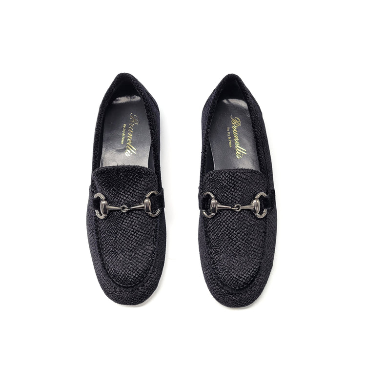 Brunellis Black Velvet Snake Print Chain Loafer S-18