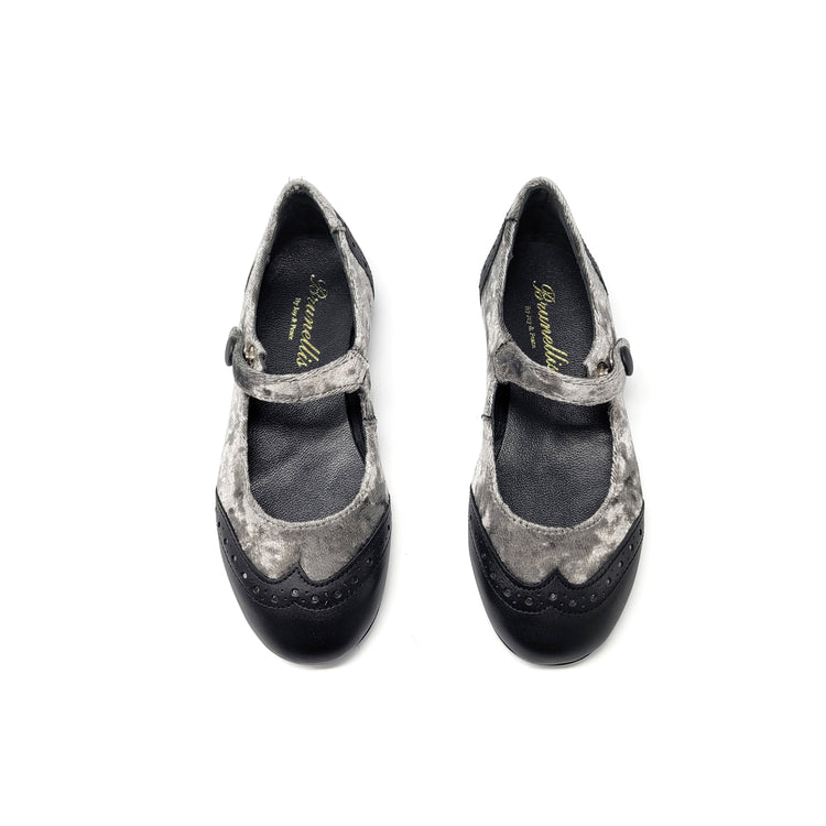 Brunellis Black Grey Velvet Wingtip Mary Jane S24