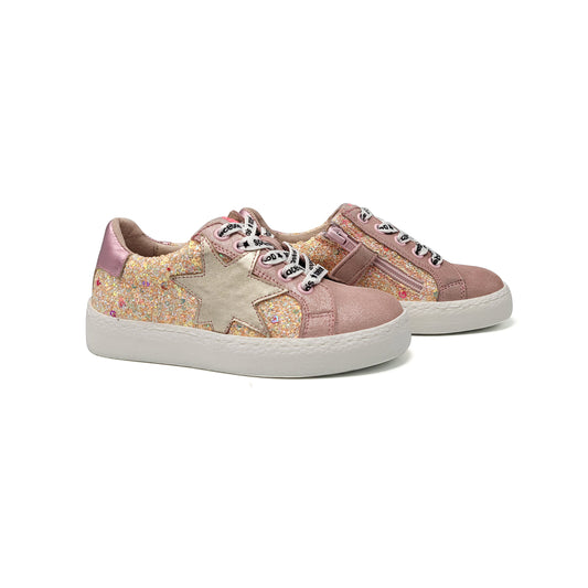 Acebos Rose Peach Glitter Lace Up Sneaker 5461