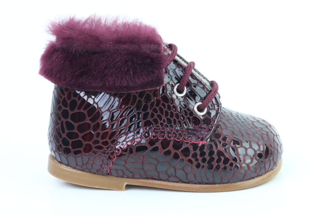 Papanatas Crocodile Print Bordeaux Fur Lace Bootie  3594X