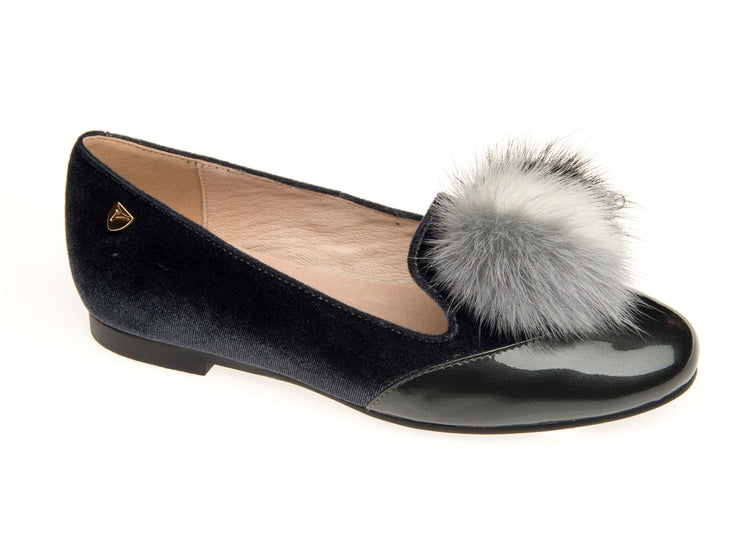 Venettini Grey Velvet Pom Pom Front Patent Slip On