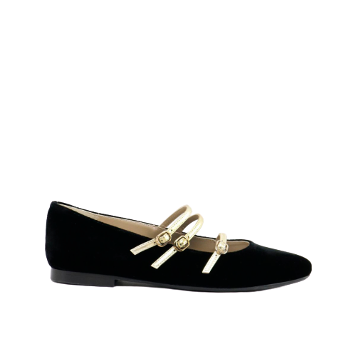 Papanatas Black Velvet Triple Gold Buckle Pointed Mary Jane 48003AB