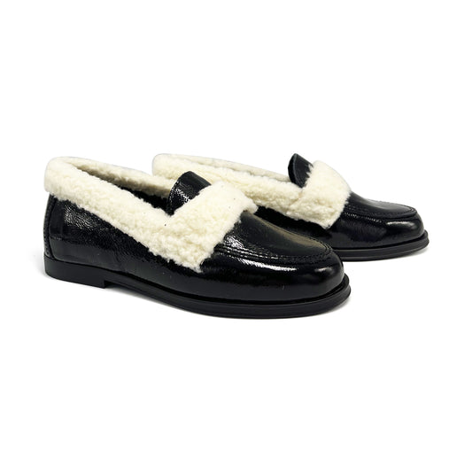 Blublonc Holly Sherpa Black Patent Sherpa Slip on