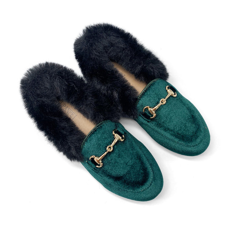 Gufanpei Forest Green Velvet Fur Chain Slip on 186813