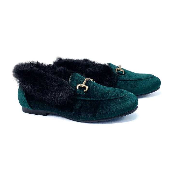 Gufanpei Forest Green Velvet Fur Chain Slip on 186813