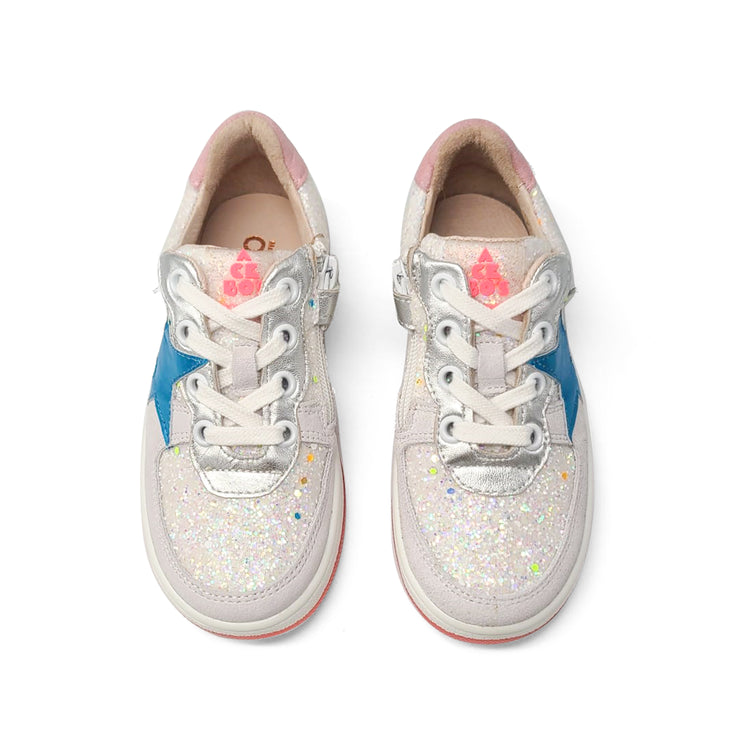 Acebos White Pink Glitter Blue Star Lace Up Sneaker 9942