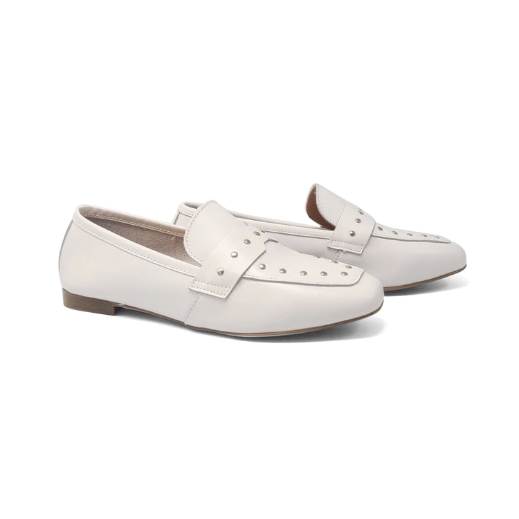 LMDI Soft White Leather Stud Slip On Loafer 1714