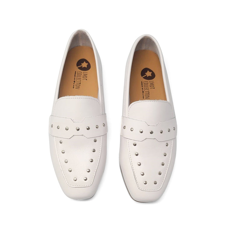 LMDI Soft White Leather Stud Slip On Loafer 1714